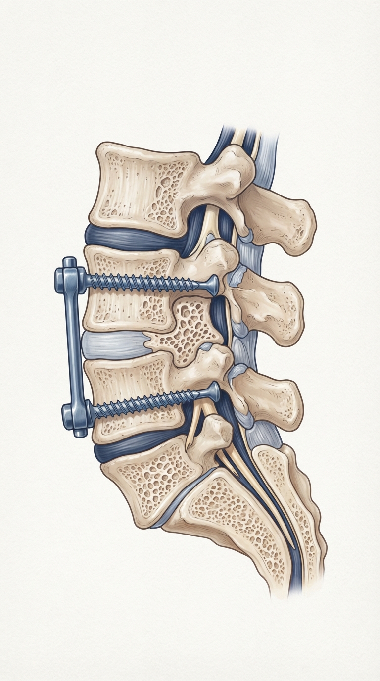 Illustration of a spinal fusion stabilizing vertebrae
